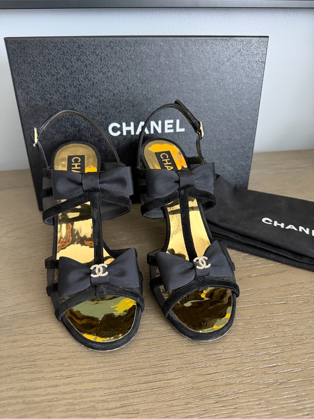 CHANEL Black Satin Bow T-Strap Heels with Gold Insole